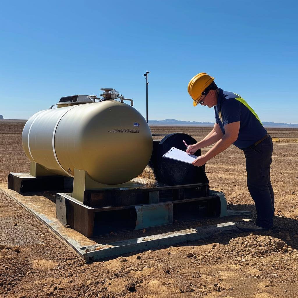 above ground fuel tank and person taking notes