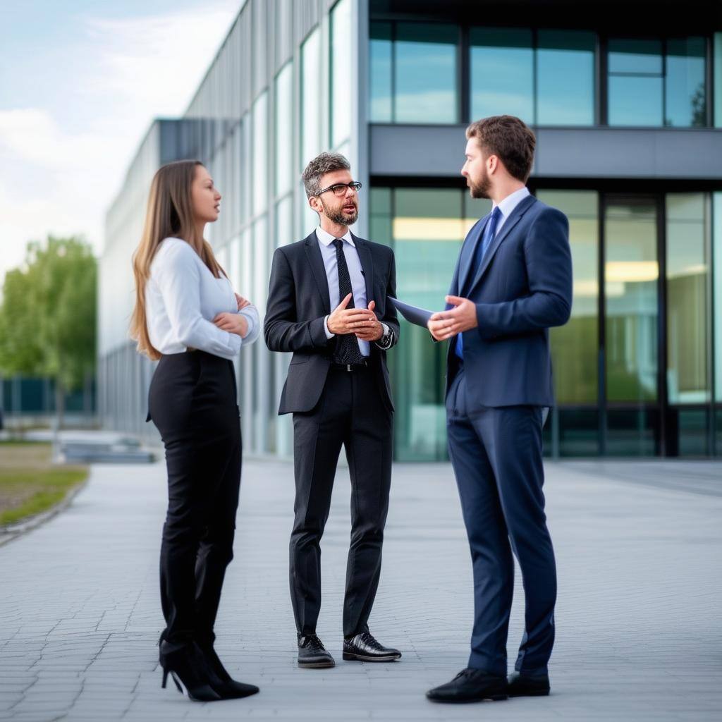 business talking outside an industrial building